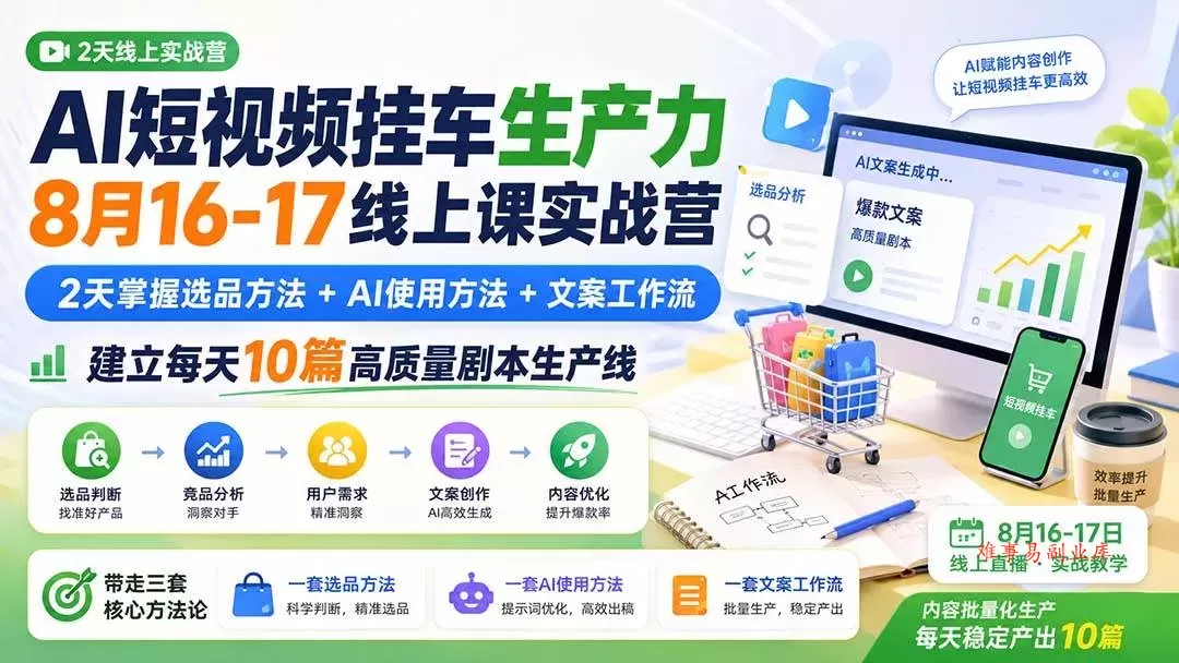 (20174期)AI短视频挂车生产力8月16-17线上课实战营:2天掌握选品方法+AI使用方法+文案工作流,建立每天10篇高质量剧本生产线 (20174期)AI短视频挂车生产力8月16-17线上课实战营:2天掌握选品方法+AI使用方法+文案工作流,建立每天10篇高质量剧本生产线