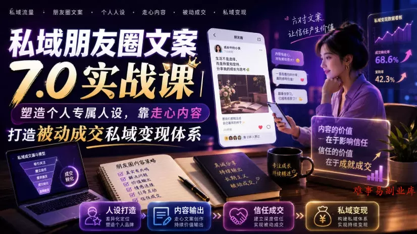 私域朋友圈文案7.0实战课｜塑造个人专属人设，靠走心内容打造被动成交私域变现体系-难事易副业库