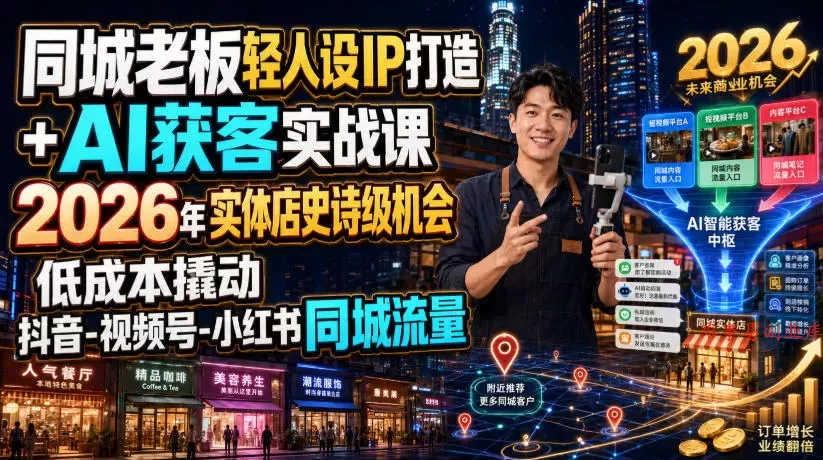 同城老板轻人设IP打造+AI获客实战课，2026年实体店史诗级机会，低成本撬动抖音-视频号-小红书同城流量-难事易副业库