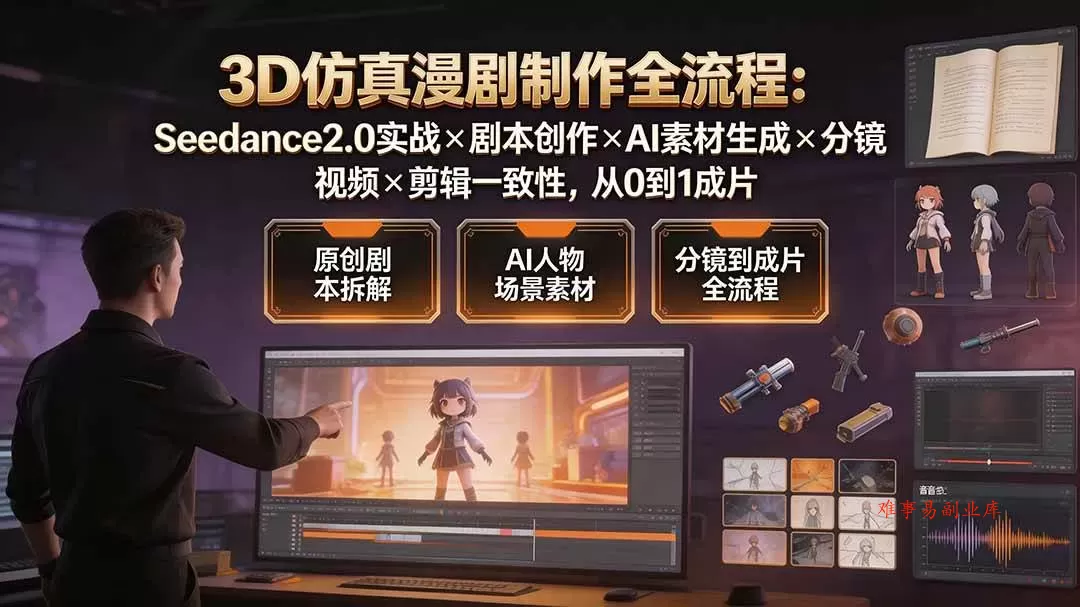 （19341期）3D仿真漫剧制作全流程：Seedance2.0实战×剧本创作×AI素材生成×分镜视频×剪辑一致性，从0到1成片-难事易副业库