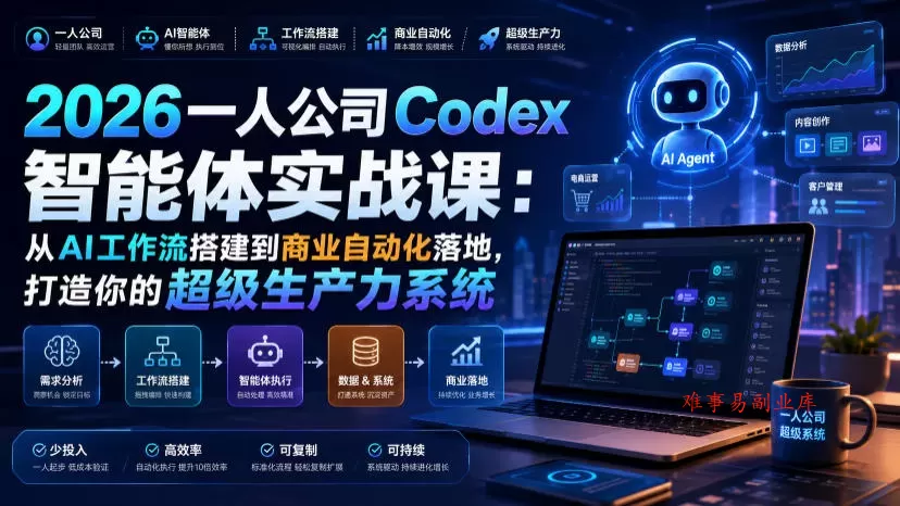 2026一人公司Codex智能体实战课：从AI工作流搭建到商业自动化落地，打造你的超级生产力系统-难事易副业库
