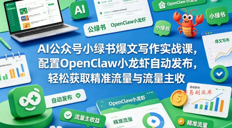 AI公众号小绿书爆文写作实战课，配置OpenClaw小龙虾自动发布，轻松获取精准流量与流量主收益-难事易副业库