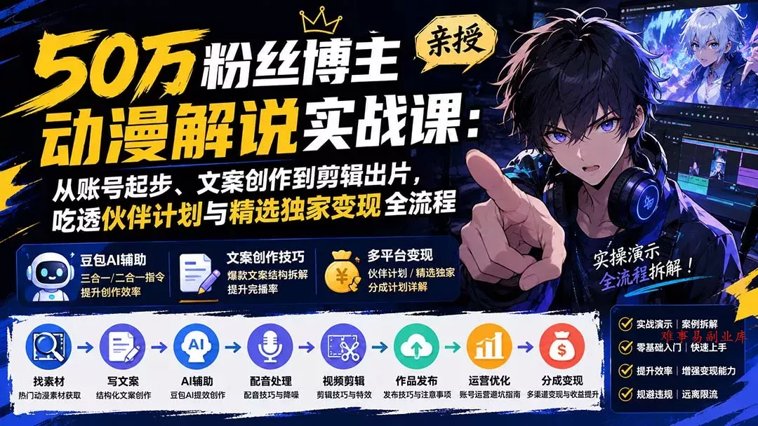 50万粉丝博主亲授动漫解说实战课：从账号起步、文案创作到剪辑出片，吃透伙伴计划与精选独家变现全流程