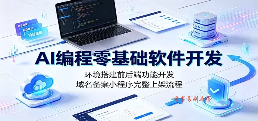 AI编程零基础软件开发：环境搭建前后端功能开发，域名备案小程序完整上架流程-难事易副业库