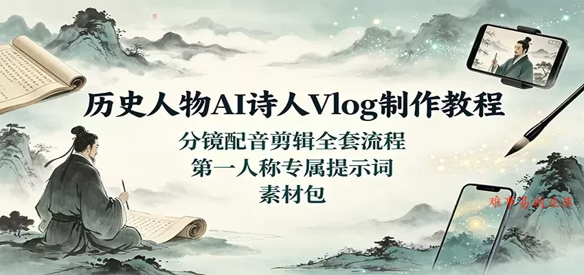 历史人物AI诗人Vlog制作教程：分镜配音剪辑全套流程，第一人称专属提示词素材包-难事易副业库