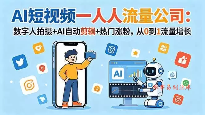 （18864期）AI短视频一人流量公司：数字人拍摄+AI自动剪辑+热门涨粉，从0到1流量增长-难事易副业库