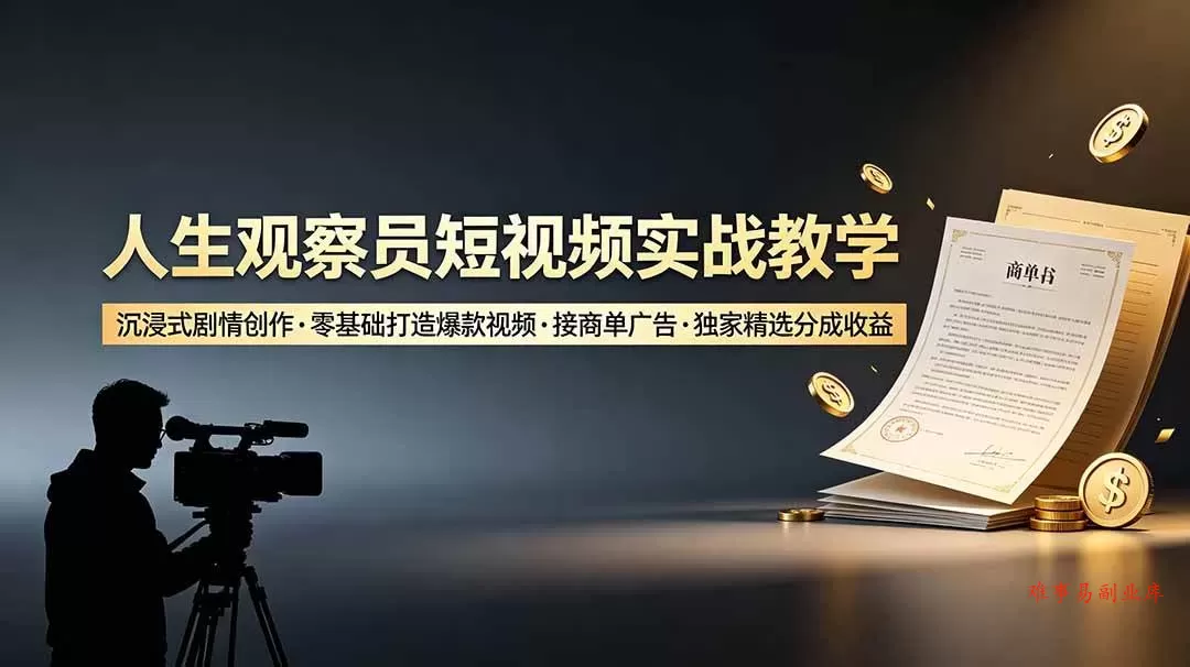 （19113期）人生观察员短视频实战教学，沉浸式剧情创作，零基础打造爆款视频，接商单广告，独家精选分成收益-难事易副业库