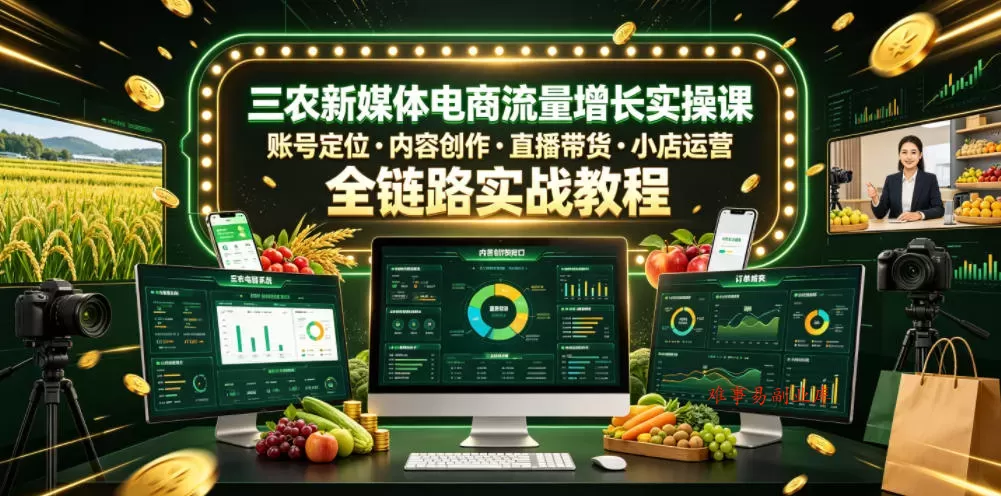 三农新媒体电商流量增长实操课，账号定位・内容创作・直播带货・小店运营，全链路实战教程-难事易副业库