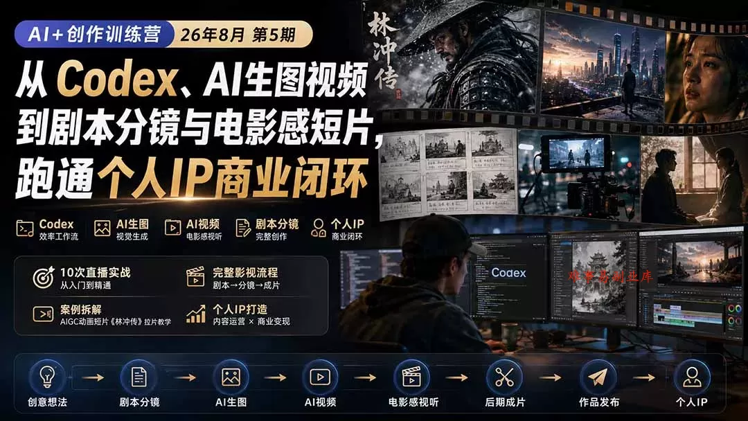 AI+创作训练营26年8月第5期：从Codex、AI生图视频到剧本分镜与电影感短片，跑通个人IP商业闭环-难事易副业库