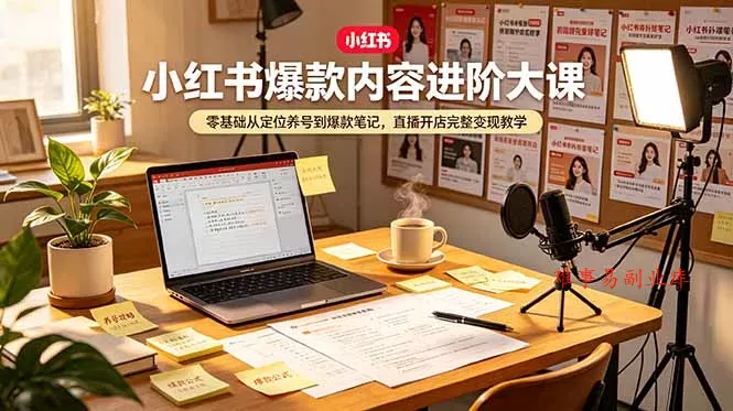 小红书爆款内容进阶大课，零基础从定位养号到爆款笔记，直播开店完整变现教学-难事易副业库