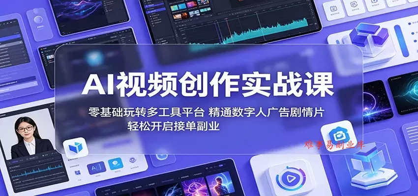 AI视频创作实战课：零基础玩转多工具平台，精通数字人广告、剧情片，轻松开启接单副业-难事易副业库