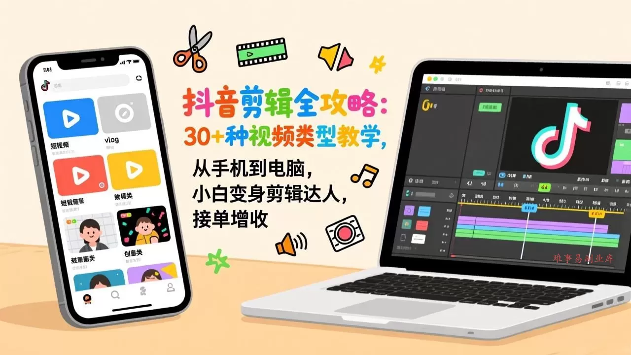 抖音剪辑全攻略：30+种视频类型教学，从手机到电脑，小白变身剪辑达人，接单增收-难事易副业库