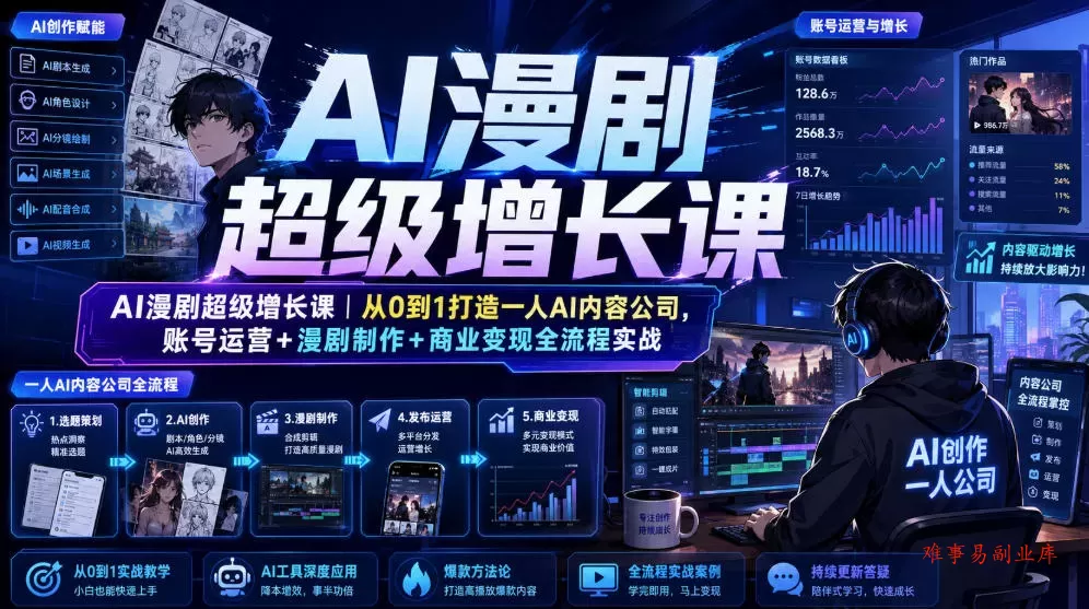 AI漫剧超级增长课｜从0到1打造一人AI内容公司，账号运营+漫剧制作+商业变现全流程实战-难事易副业库