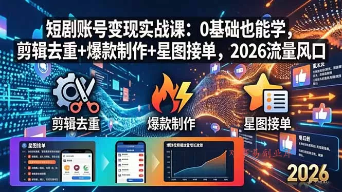 短剧账号变现实战课：0基础也能学，剪辑去重+爆款制作+星图接单，2026流量风口-难事易副业库