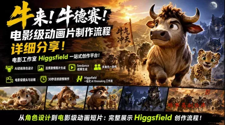 牛来!牛德赛!电影级动画片制作流程详细分享!电影工作室Higgsfield一站式创作平台,完整创作流程 牛来!牛德赛!电影级动画片制作流程详细分享!电影工作室Higgsfield一站式创作平台,完整创作流程