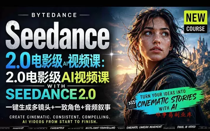 字节跳动的Seedance 2.0 AI电影视频生成制作教程，一键生成多镜头+一致角色+音频叙事-中英字幕-难事易副业库