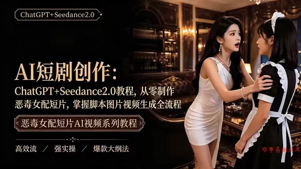 AI短剧从零创作实战课｜ChatGPT脚本撰写+Seedance2.0视频生成，恶毒女配短剧全流程教程-难事易副业库