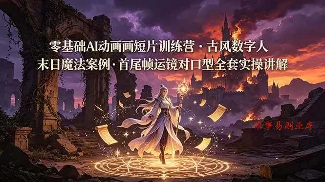 （19078期）零基础AI动画短片训练营，古风数字人末日魔法案例，首尾帧运镜对口型全套实操讲解-难事易副业库