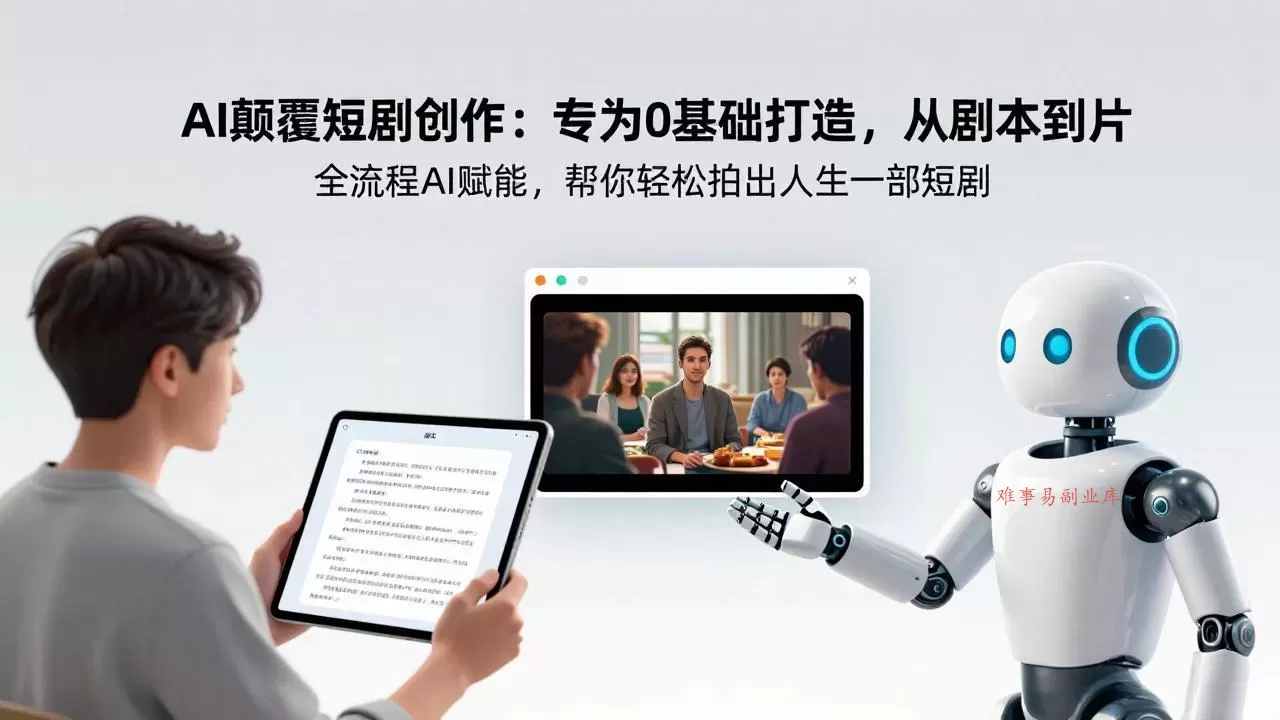 AI颠覆短剧创作：专为0基础打造，从剧本到成片全流程AI赋能，帮你轻松拍出人生第一部短剧-难事易副业库