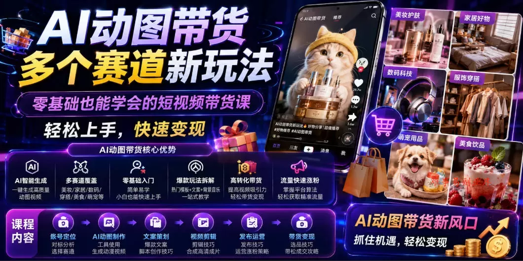 AI动图带货多个赛道新玩法，零基础也能学会的短视频带货课，轻松上手，快速变现-难事易副业库