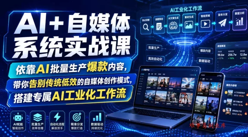 AI+自媒体系统实战课，依靠AI批量生产爆款内容，带你告别传统低效的自媒体创作模式，搭建专属AI工业化工作流-难事易副业库