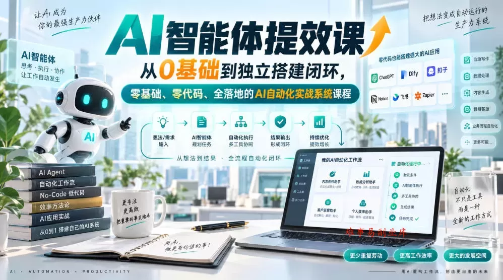 AI智能体提效课，从0基础到独立搭建闭环，零基础、零代码、全落地的AI自动化实战系统课程-难事易副业库