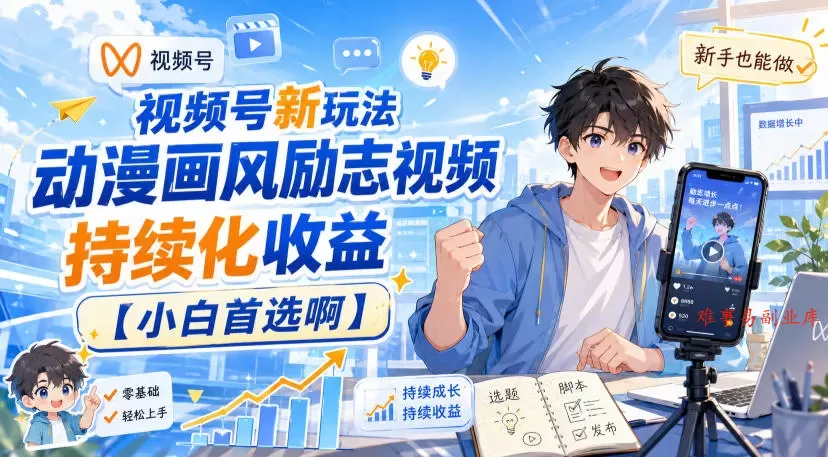 视频号新玩法动漫画风励志视频，持续化收益【小白首选啊】-难事易副业库
