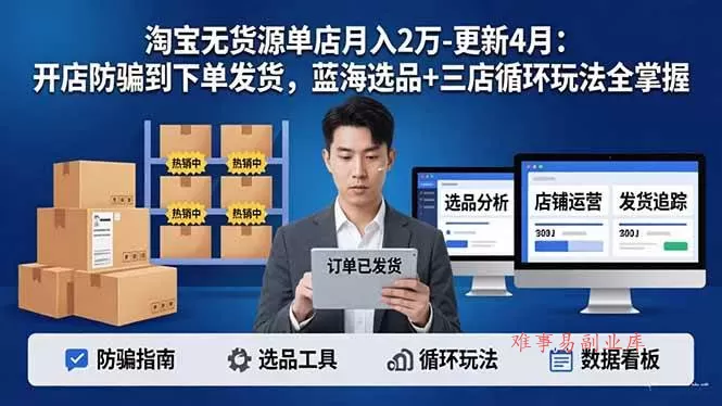 （18188期）淘宝无货源5.0单店月入2万-更新4月：开店防骗到下单发货，蓝海选品+三店循环玩法全掌握-难事易副业库