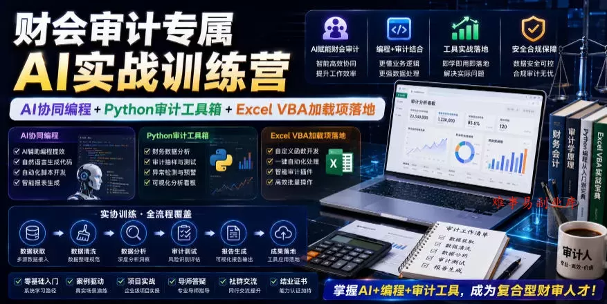 财会审计专属AI实战训练营｜AI协同编程+Python审计工具箱+Excel VBA加载项落地-难事易副业库