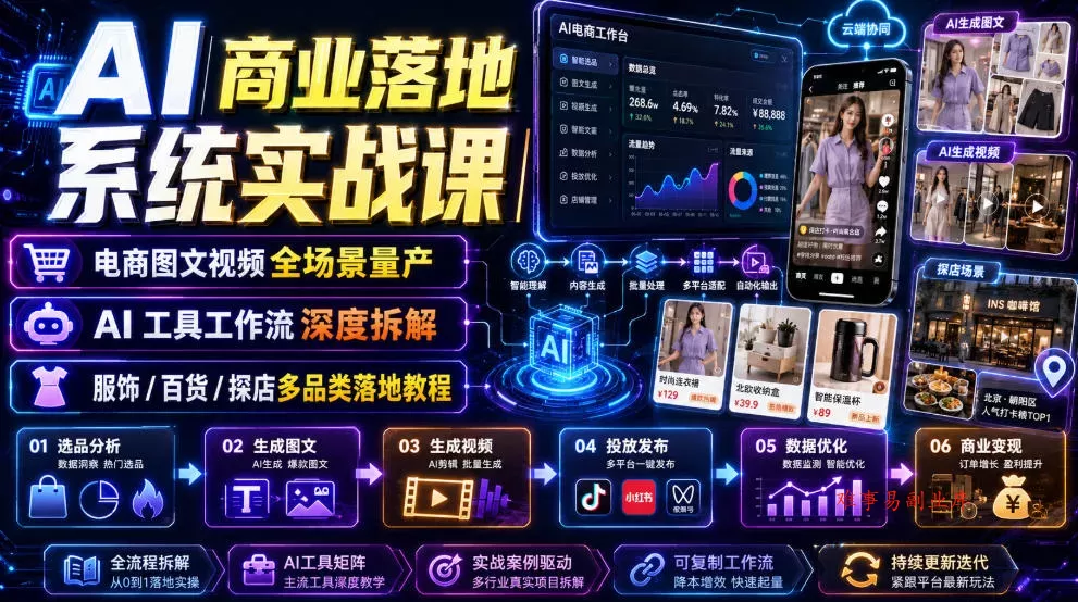 AI商业落地系统实战课｜电商图文视频全场景量产・AI工具工作流深度拆解・服饰/百货/探店多品类落地教程-难事易副业库