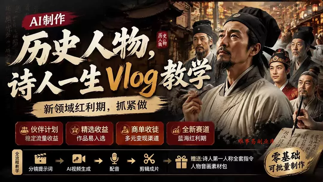 历史人物,诗人一生Vlog教学, AI制作丨伙伴计划丨精选收益丨商单收徒 ,新领域红利期,抓紧做 历史人物,诗人一生Vlog教学, AI制作丨伙伴计划丨精选收益丨商单收徒 ,新领域红利期,抓紧做