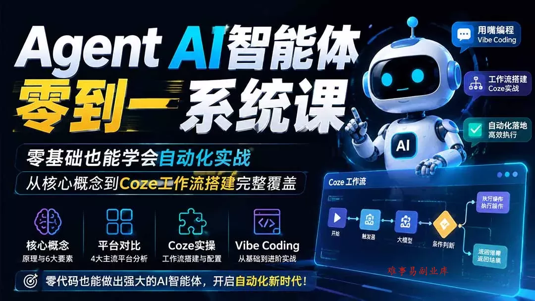 Agent AI智能体零到一系统课；零基础也能学会自动化实战，从核心概念到Coze工作流搭建完整覆盖-难事易副业库