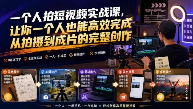 一个人拍短视频实战课，让你一个人也能高效完成从拍摄到成片的完整创作-难事易副业库