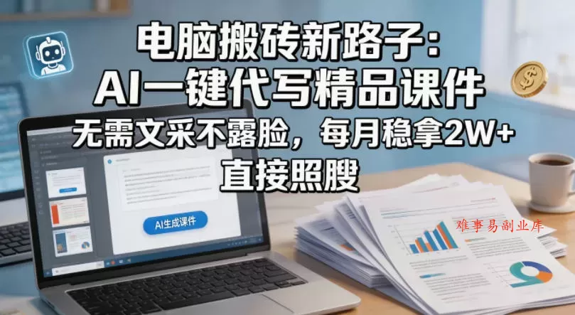 电脑搬砖新路子：AI一键代写精品课件，无需文采不露脸，每月稳拿2W+，直接照搬-难事易副业库