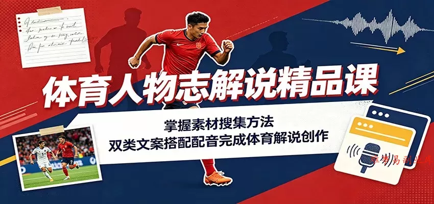 体育人物志解说精品课：掌握素材搜集方法，双类文案搭配配音完成体育解说创作-难事易副业库