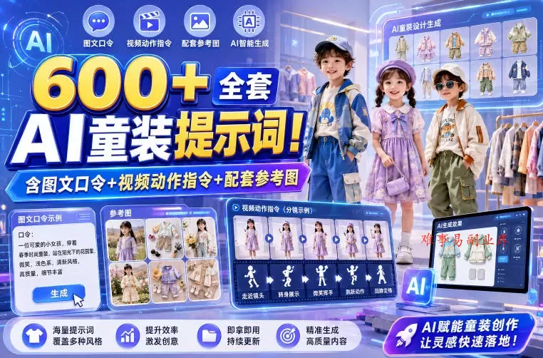 600+全套AI童装提示词!含图文口令+视频动作指令+配套参考图,Word-Excel规整分类,童装电商、种草无脑量产内容! 600+全套AI童装提示词!含图文口令+视频动作指令+配套参考图,Word-Excel规整分类,童装电商、种草无脑量产内容!