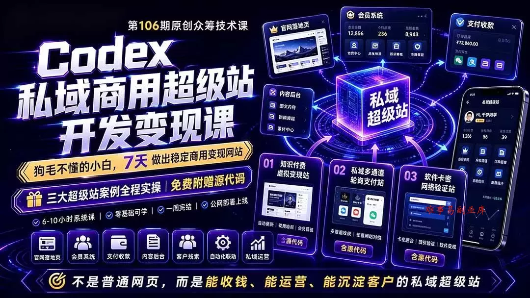 （19122期）Codex私域商用超级站Ai开发变现课106期-更新0630：不是普通网站，而是能收钱，能运营，能沉淀客户的私域超级站