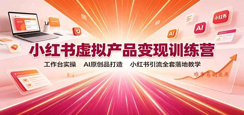小红书虚拟产品变现训练营：工作台实操，AI原创品打造，小红书引流全套落地教学-难事易副业库