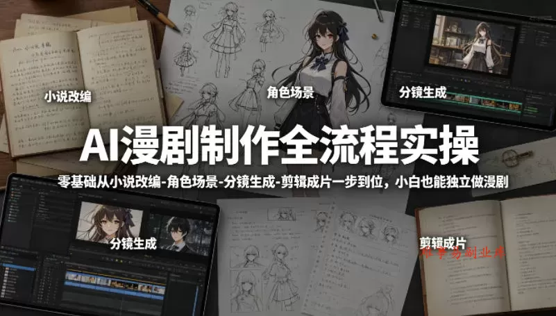 AI漫剧制作全流程实操，零基础从小说改编-角色场景-分镜生成-剪辑成片一步到位，小白也能独立做漫剧-难事易副业库