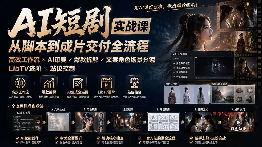 AI短剧实战课：高效工作流×AI审美×爆款拆解×文案角色场景分镜×LibTV进阶×站位控制×从脚本到成片交付全流程-难事易副业库