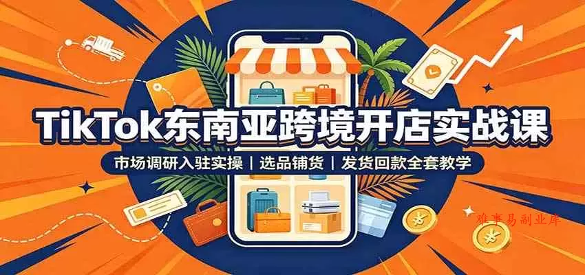 TikTok东南亚跨境开店实战课：市场调研入驻实操，选品铺货，发货回款全套教学-难事易副业库