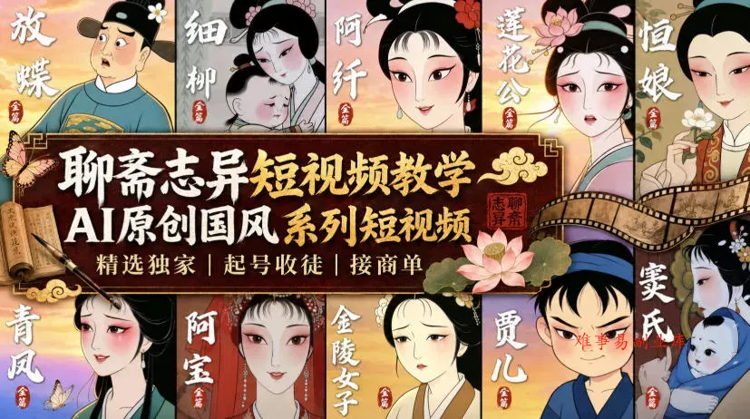聊斋志异短视频教学，AI原创国风系列短视频，精选独家丨起号收徒丨接商单(更新0818)-难事易副业库