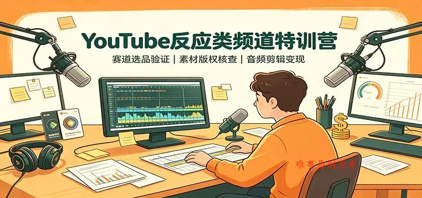 YouTube反应类频道特训营：赛道选品验证，素材版权核查，音频剪辑变现-难事易副业库
