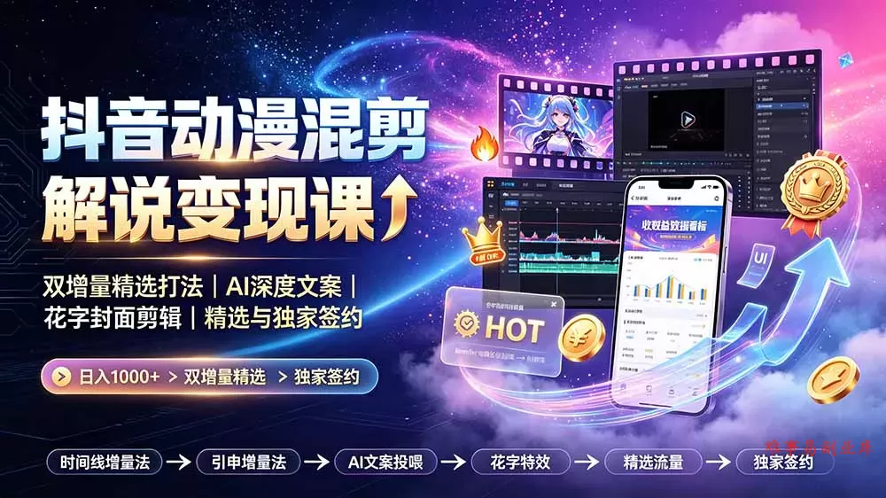 抖音动漫混剪解说变现课:双增量精选打法|AI深度文案|花字封面剪辑| 精选与独家签约日入1000+ 抖音动漫混剪解说变现课:双增量精选打法|AI深度文案|花字封面剪辑| 精选与独家签约日入1000+