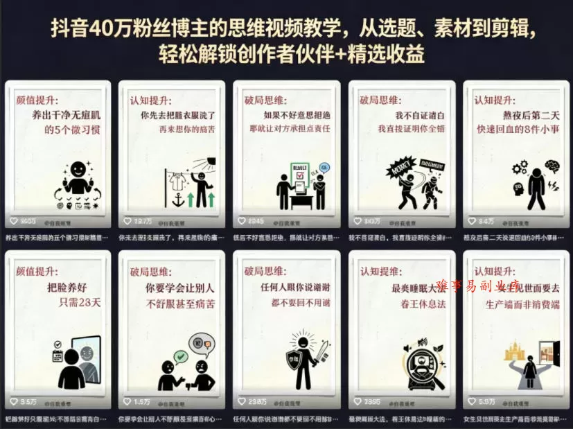 抖音40W粉丝博主的思维视频教学，从选题、素材到剪辑，轻松解锁创作者伙伴+精选收益-难事易副业库