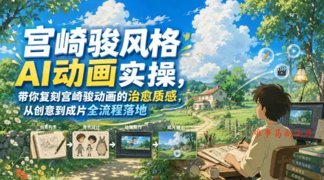 宫崎骏风格AI动画实操，带你复刻宫崎骏动画的治愈质感，从创意到成片全流程落地-难事易副业库