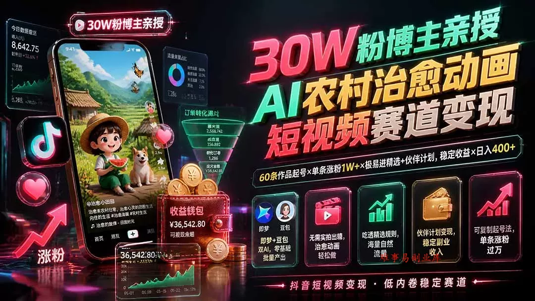 30W粉博主亲授AI农村治愈动画短视频赛道变现：60条作品起号×单条涨粉1W+×极易进精选+伙伴计划，稳定收益×日入400+-难事易副业库