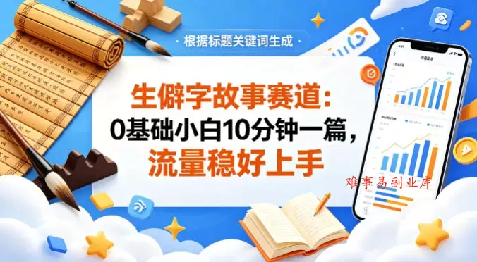 公众号流量主——生僻字故事赛道，流量稳，好上手，0基础小白也能10分钟一篇-难事易副业库