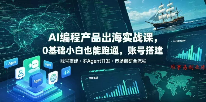 AI编程产品出海实战课，0基础小白也能跑通，账号搭建・多Agent开发・市场调研全流程，月入千刀跨境变现教程（更新）-难事易副业库