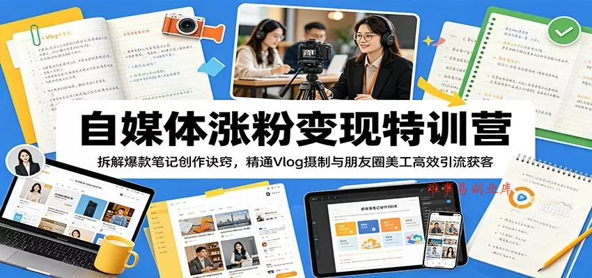 自媒体涨粉变现特训营：拆解爆款笔记创作诀窍，精通Vlog摄制与朋友圈美工高效引流获客-难事易副业库